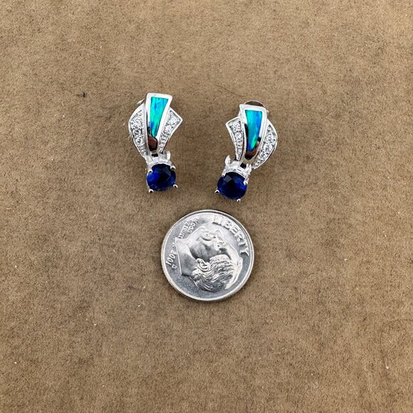 Sapphire & Australian Opal 925 Silver Earrings - Picture 5 of 5